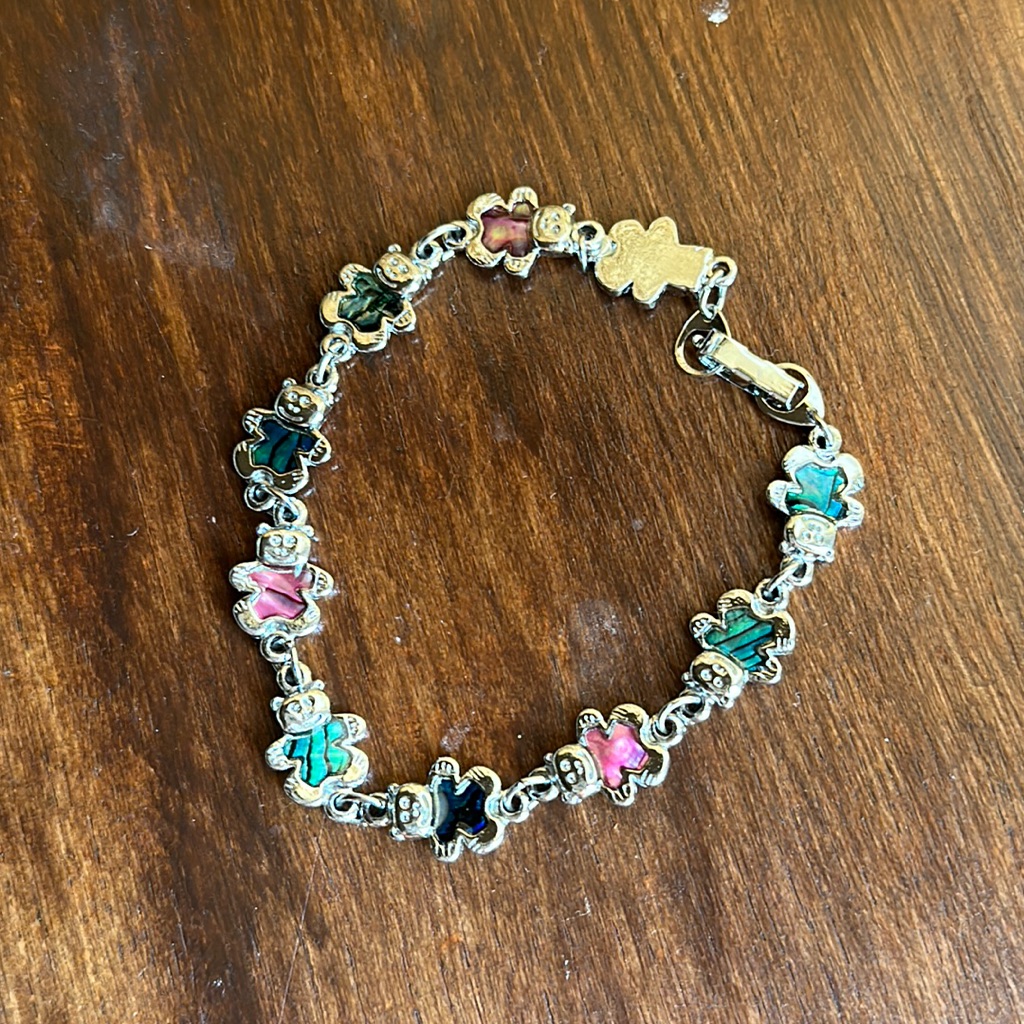 Abalone Shell Inlay Teddy Bear Bracelet Silver Tone